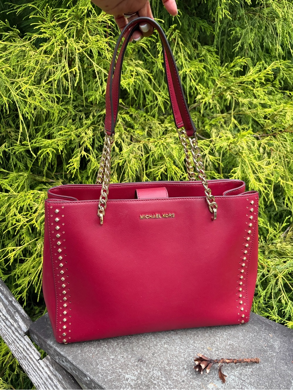 Michael Kors Ellis Large Tote Cherry Red Studded Chain Shoulder Leather Tote